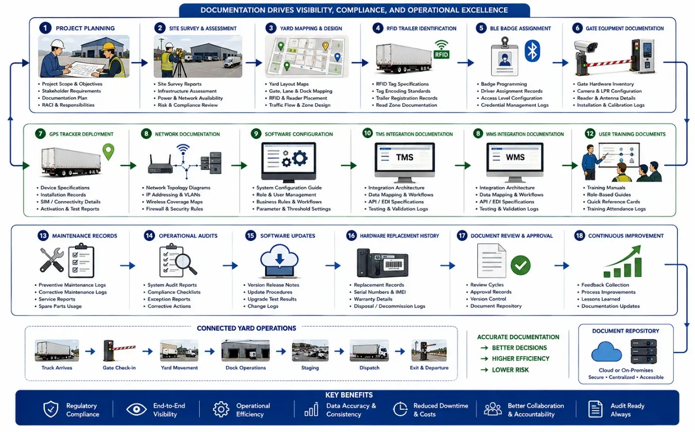 Workflow diagram showing the AIoT yard management documentation lifecycle from planning to maintenance and updates.